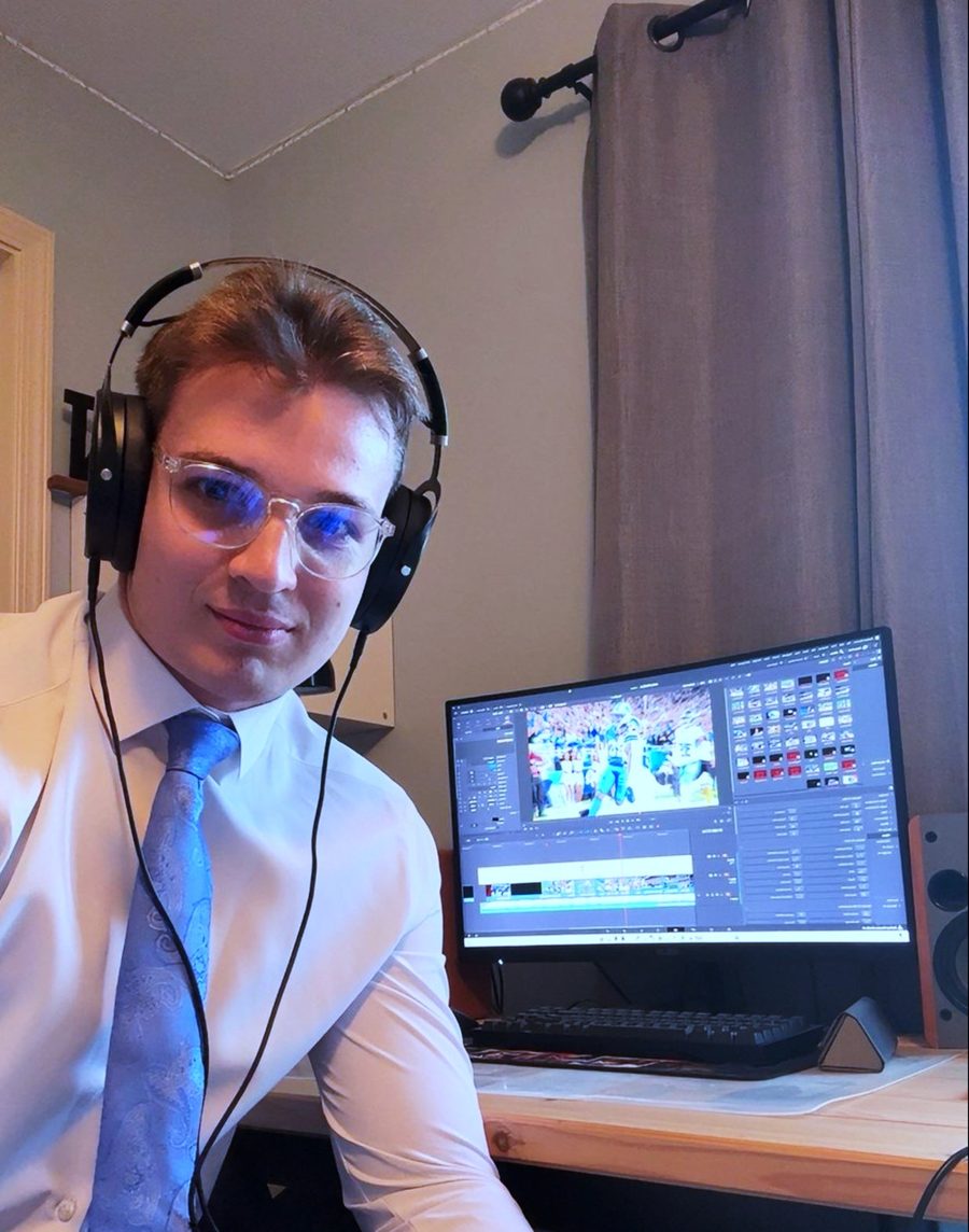 Aaron Chismar at his desk, editing a football play in DaVinci Resolve